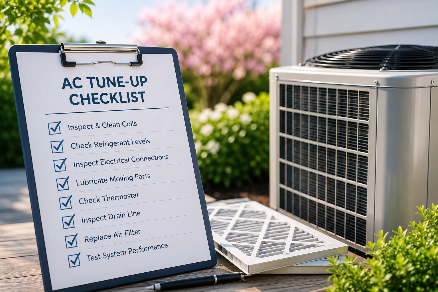 An AC tune-up checklist on a clipboard next to an outdoor condenser unit and a new air filter