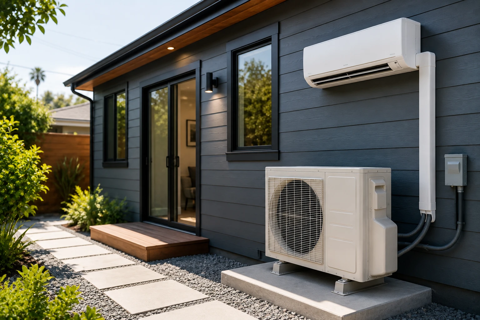 A completed ductless mini-split installation on a modern ADU, with the indoor wall-mounted head unit above a sliding glass door and the outdoor condenser mounted beside the electrical panel