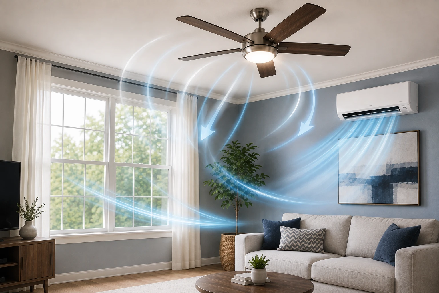 A ceiling fan pushing a visible downdraft across a living room while a wall-mounted mini-split blows cool air from the opposite corner, illustrating how the two work together to circulate conditioned air