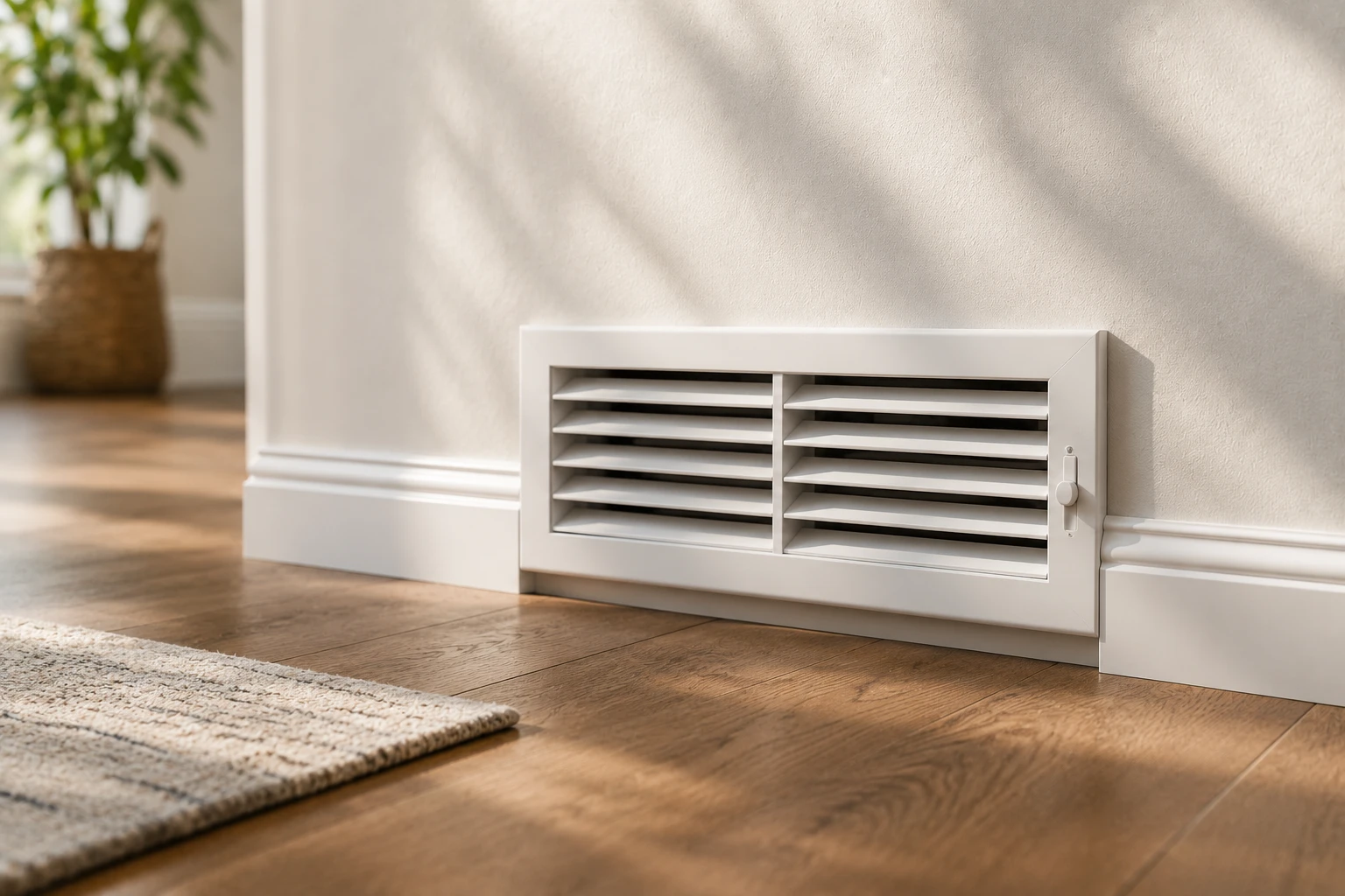 A close-up of a closed floor vent against a white baseboard in a sunlit hallway, with hardwood flooring and a potted plant in the background