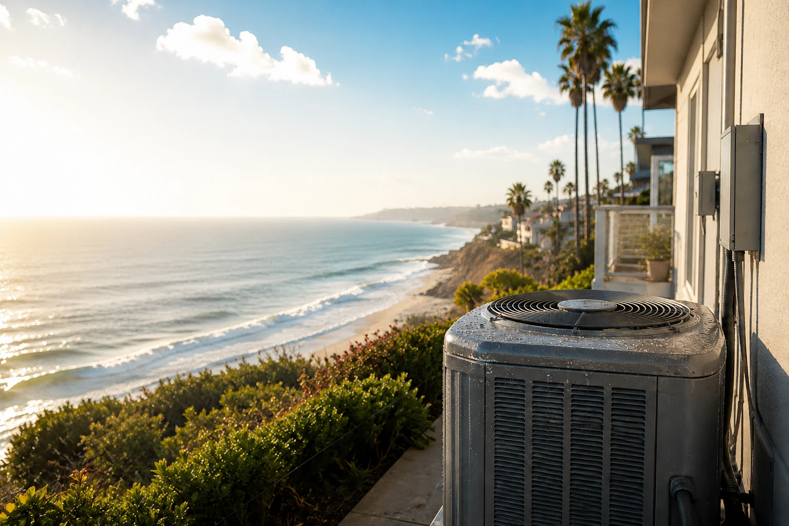 A condenser unit installed on an oceanfront balcony in Southern California, directly exposed to salt air and marine-layer humidity