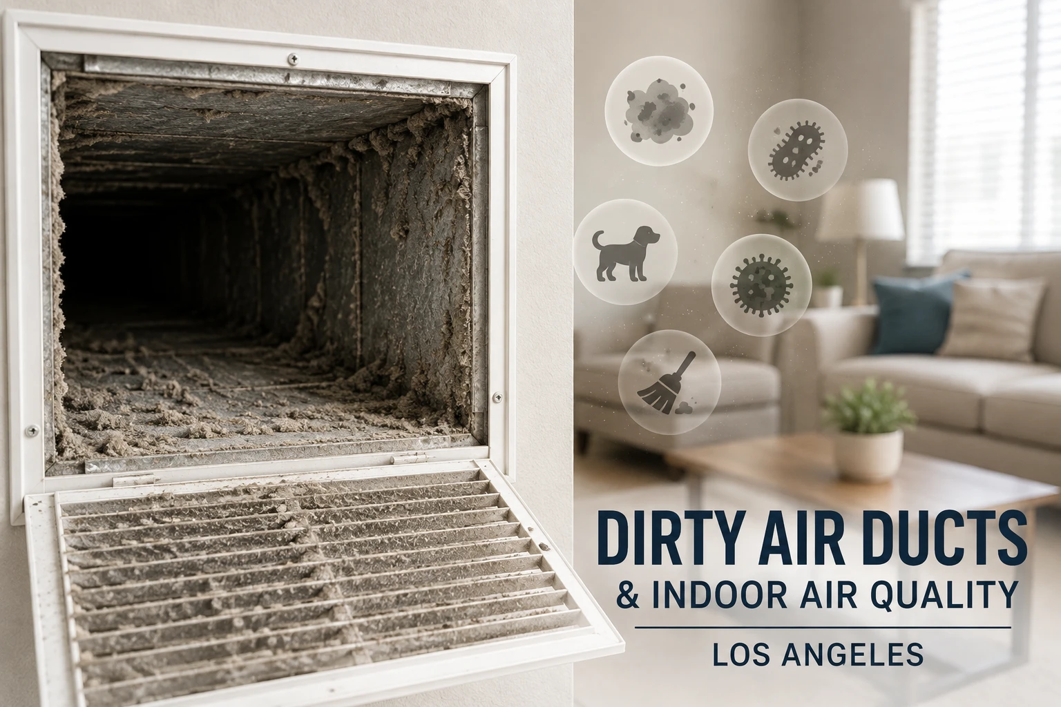An open supply vent caked in years of dust and debris beside a clean living room, with icons for dust, bacteria, pet dander, viruses, and household dirt overlaid