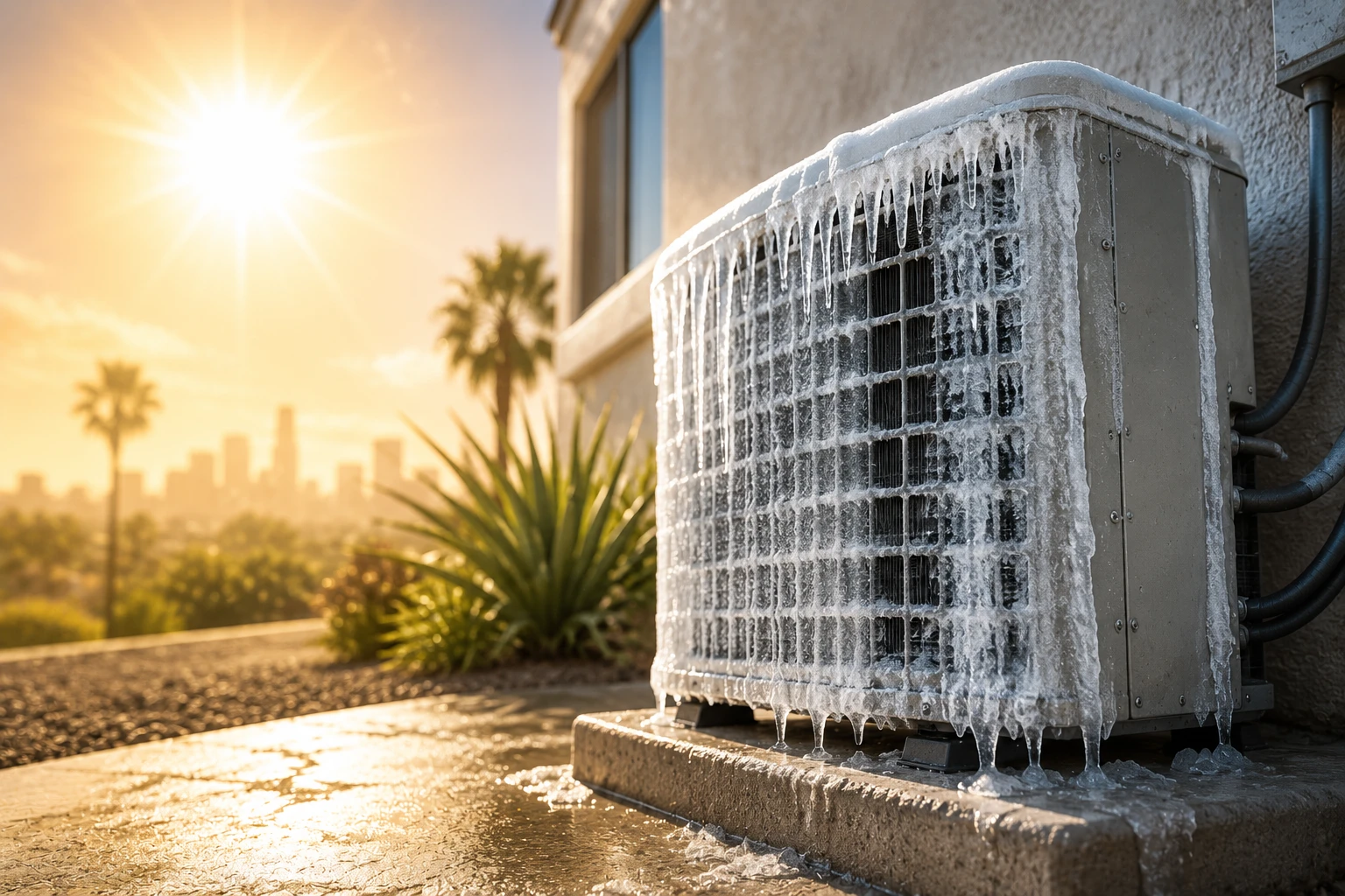 An outdoor AC condenser unit encased in ice with icicles dripping, photographed under blazing sun with the Los Angeles skyline in the background