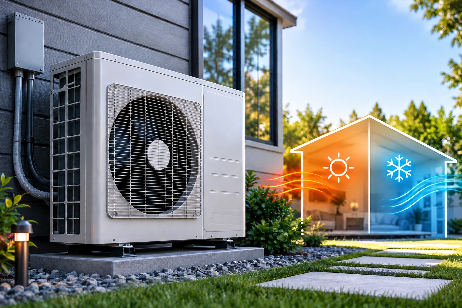 A heat pump outdoor unit beside a home, with a split illustration showing it providing warm heating on one side and cool air conditioning on the other
