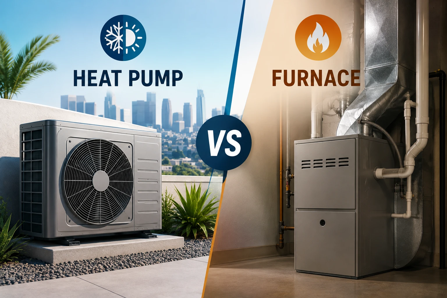 Split comparison of a heat pump outdoor unit against a Los Angeles skyline and a gas furnace with ductwork in a utility closet