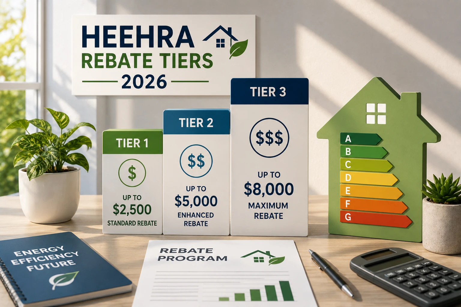 HEEHRA Rebate Tiers 2026 graphic showing three rebate tiers with maximum rebate amounts up to $8,000, alongside a home energy efficiency rating chart