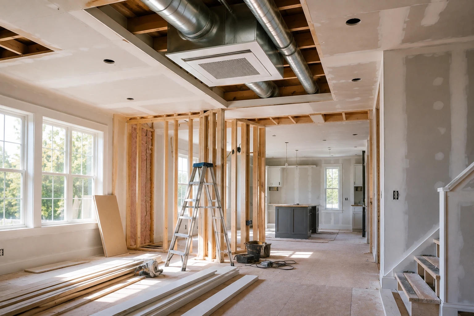 An open-concept home renovation in progress, with exposed wall framing, insulation, a new supply vent and ductwork installed in the ceiling, and a ladder and building materials on the subfloor