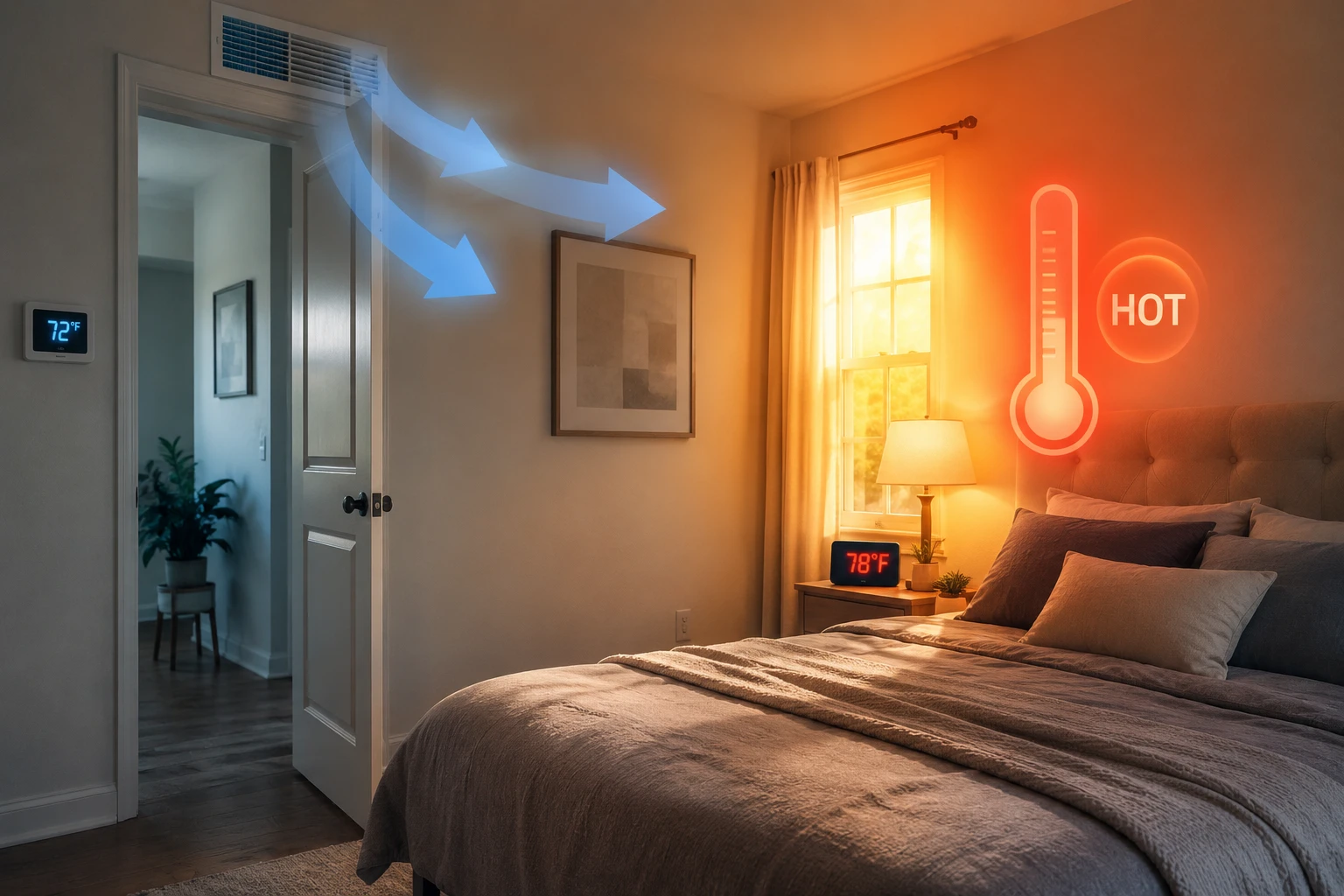 Illustration of cooled air flowing from a hallway vent while a sun-drenched bedroom stays hot, with the hallway thermostat reading 72°F and the bedroom reading 78°F