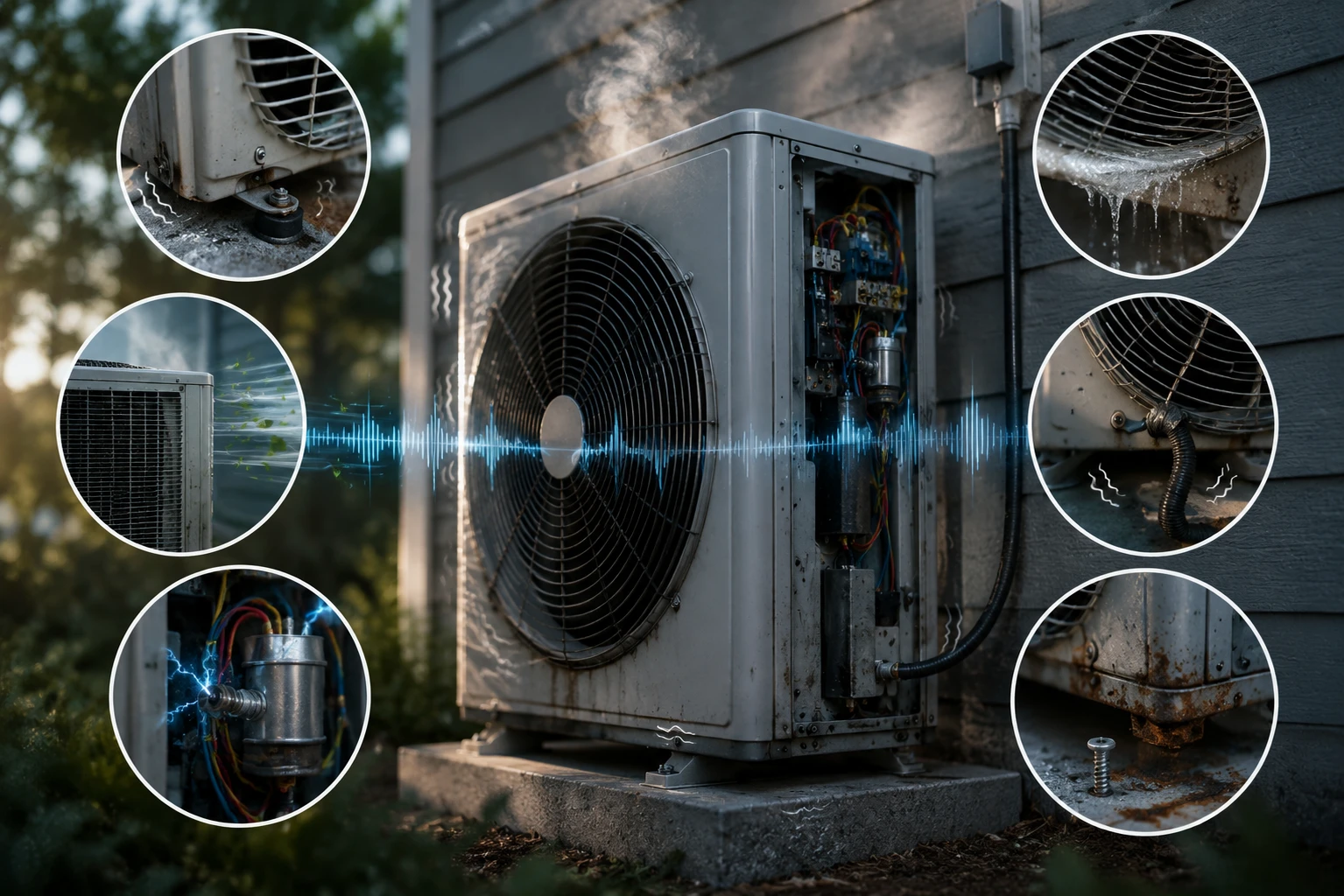An outdoor HVAC condenser unit with a sound waveform overlay, surrounded by six close-up insets showing common noise sources: a loose mount, a leaf-clogged coil, an arcing electrical component, ice buildup on the coil, a worn fan hose, and a rusted mounting screw