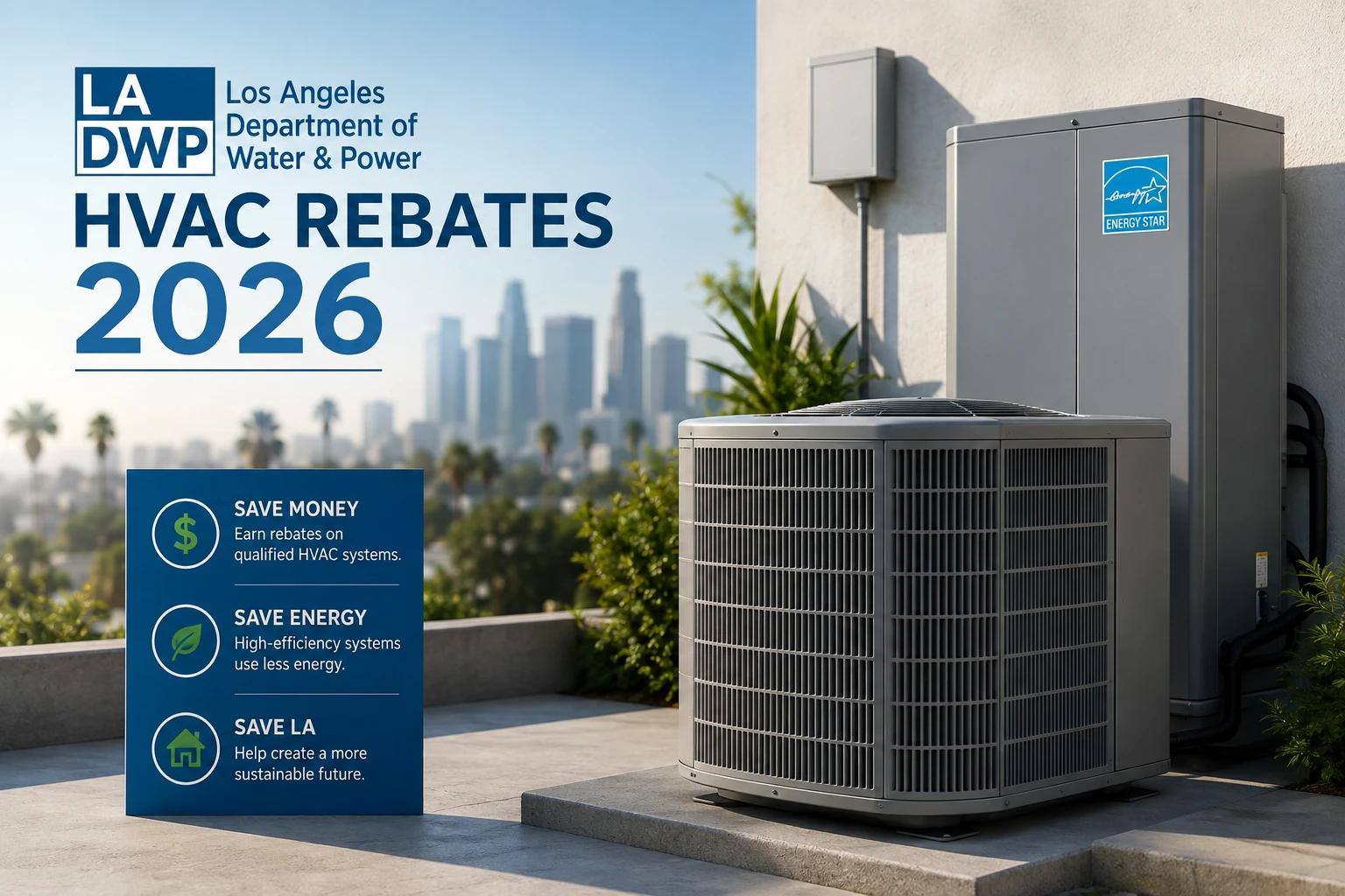 LADWP HVAC Rebates 2026 graphic showing a high-efficiency ENERGY STAR condenser and heat pump installed on an LA rooftop, with save money, save energy, and save LA callouts