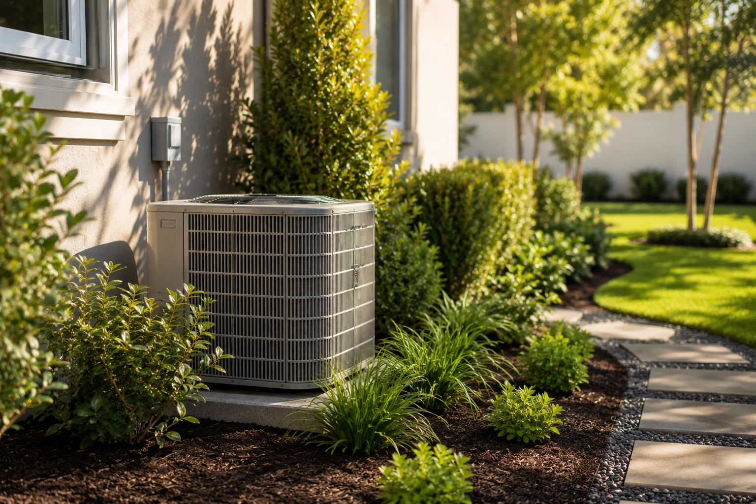 An outdoor AC condenser unit tucked against a house wall with properly spaced shrubs, grasses, and mulch around it, and mature shade trees further back in the yard
