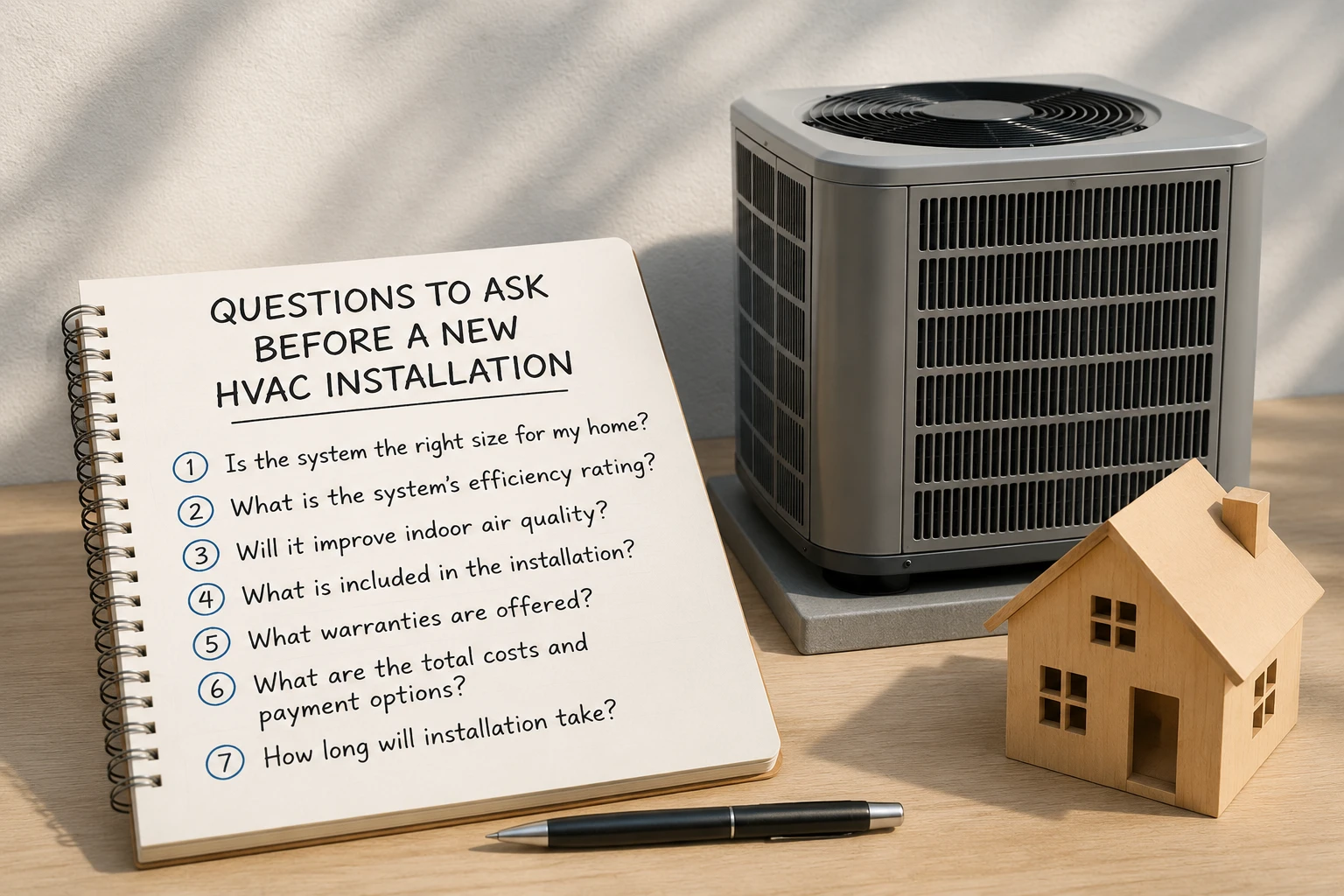 A spiral notebook titled 'Questions to Ask Before a New HVAC Installation' listing seven numbered questions, next to a high-efficiency condenser unit and a small wooden house model