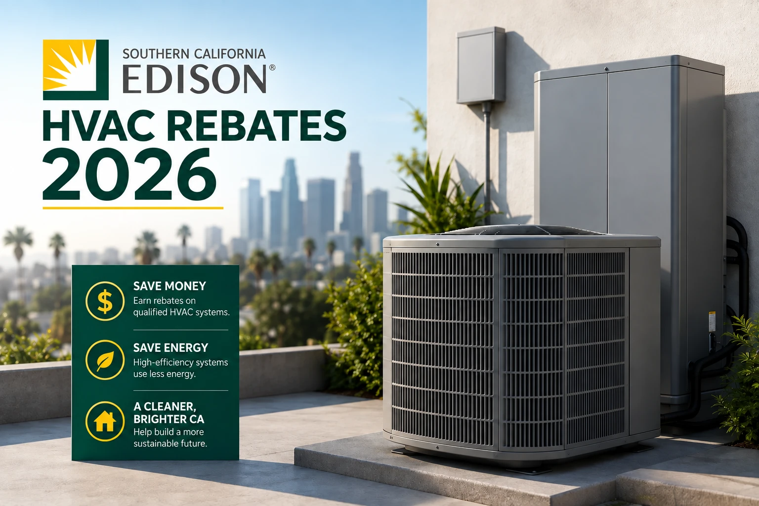SCE HVAC Rebates 2026 graphic showing a high-efficiency condenser and heat pump installed on a Southern California home, with save money, save energy, and cleaner California callouts