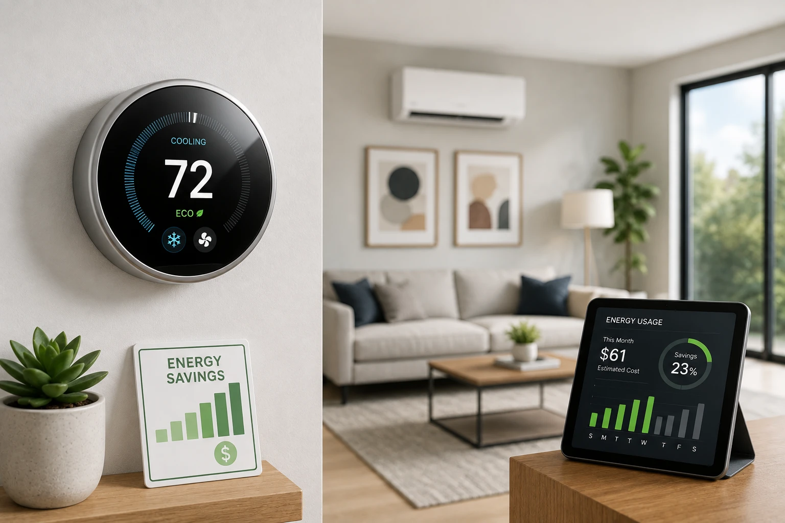 A smart thermostat set to 72°F in Eco mode next to an energy savings card, with a living room mini-split and a tablet showing an energy usage dashboard