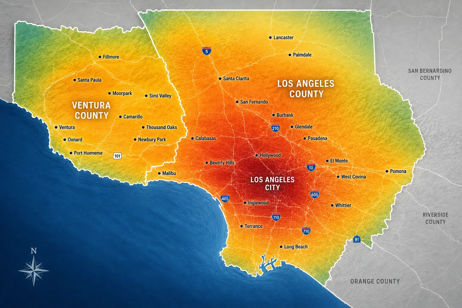 HVAC in LA coverage heatmap across Los Angeles County and Ventura County