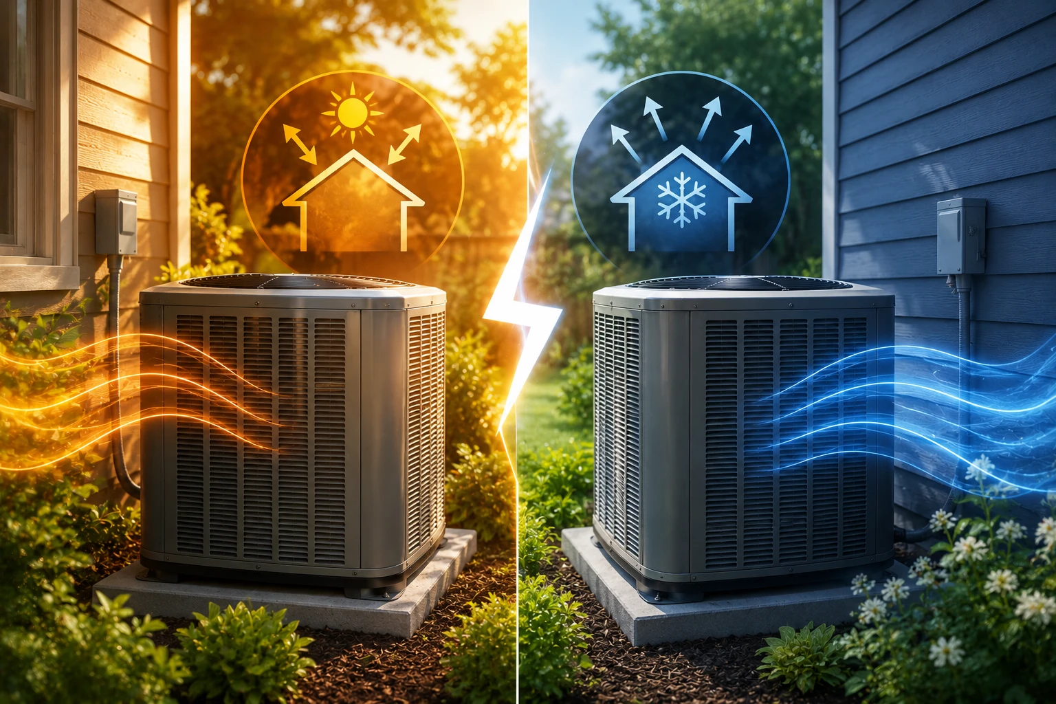 A split-screen comparison of two outdoor condenser units, one under a warm orange sun icon representing lower efficiency and one under a cool blue snowflake icon representing higher efficiency, divided by a lightning bolt