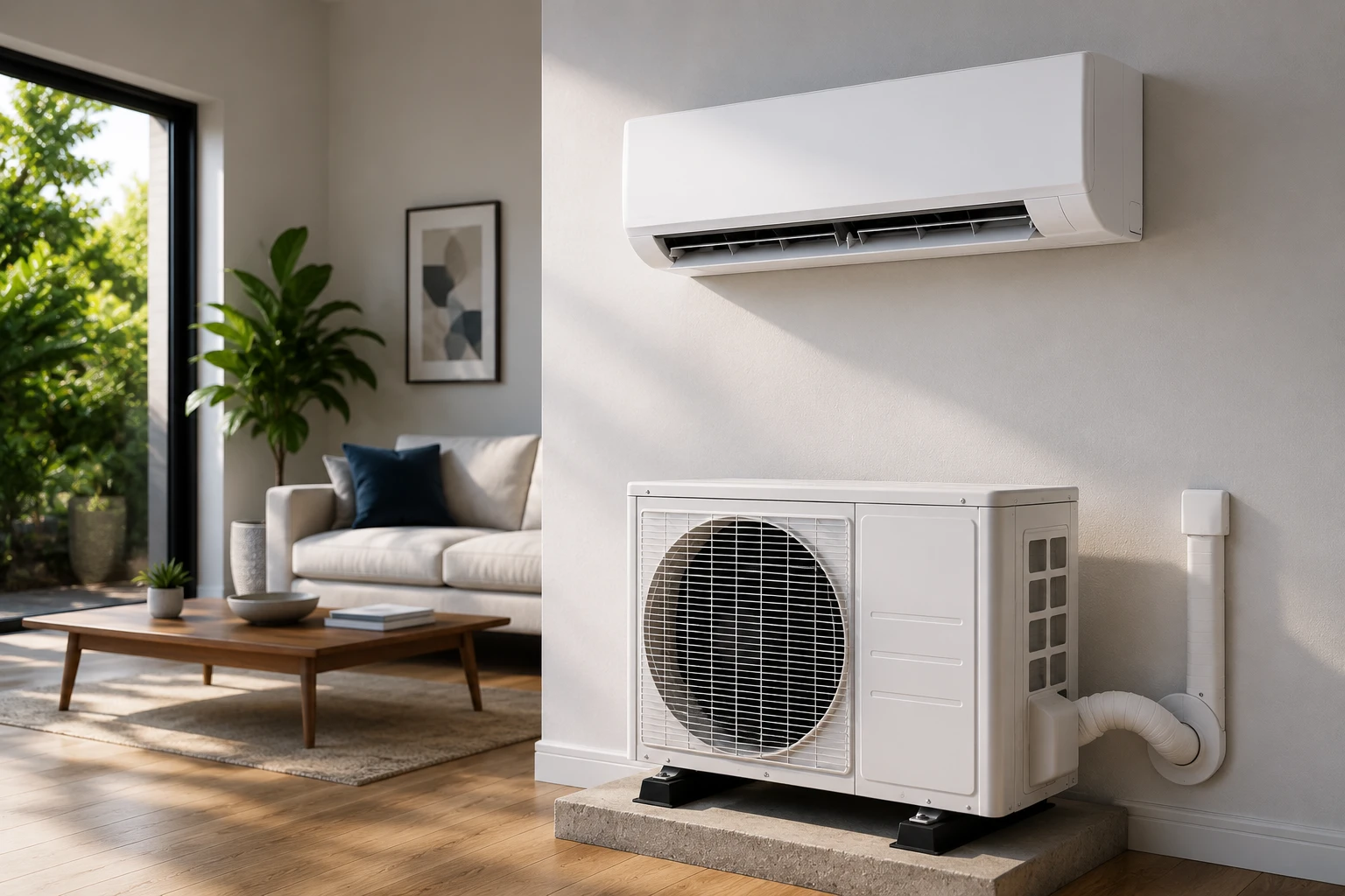 A wall-mounted ductless mini split indoor air handler above a living room, connected via a line set to its outdoor condenser unit mounted on the exterior wall